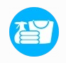 Blue circular icon featuring a spray bottle, folded towels, and a bucket, symbolizing cleaning supplies.