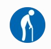 White icon of a person bending with a cane inside a blue circular background.